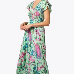 Banjanan Ira Ruched Bodice Tiered Midi Dress in Tropical Print Size XS